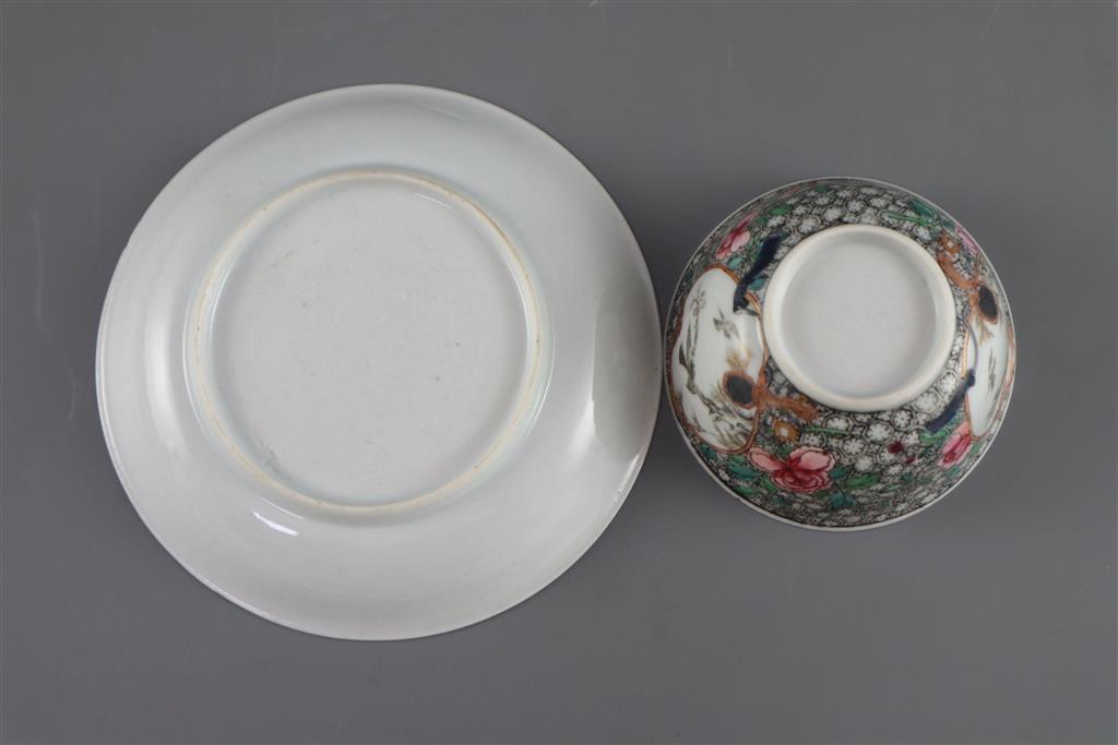 A Chinese famille rose 'hawk' tea bowl and saucer, Yongzheng period, saucer 11.5cm diameter